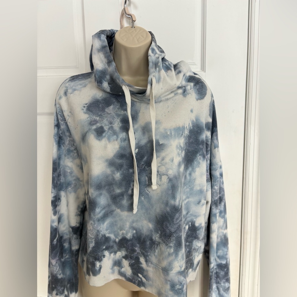 The Lounge Life Crop Hoodie in Storm Blue, White, and Hints of Lavender. Large